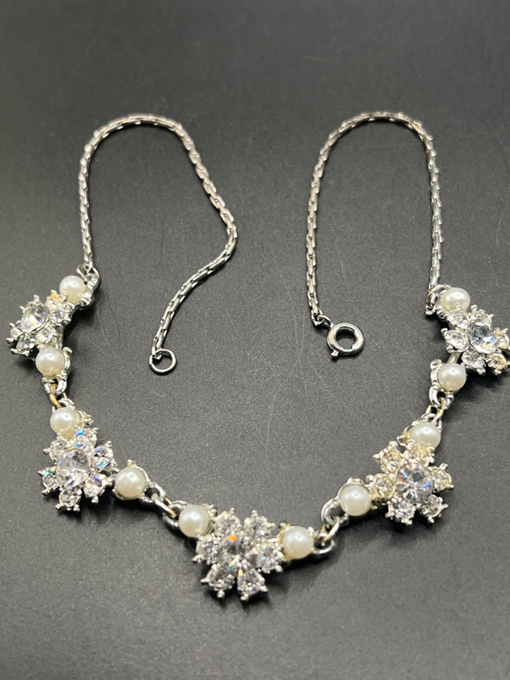 Vintage Pearl and Crystal Floral Necklace, silver tone 36